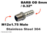 M12x1.75 Male to BARB OD 8mm / 0.32" Stainless Tail Adaptor Hose Connector