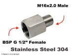 BSP G 1/2" FEMALE to M16x2.0 MALE Stainless Sensor Adaptor Fittings Conversion
