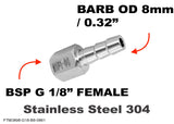 BSP G 1/8" FEMALE to BARB OD 8mm / 0.32" Stainless Tail Adaptor Hose Connector