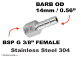 BSP G 3/8" FEMALE to BARB OD 14mm / 0.56" Stainless Tail Adaptor Hose Connector
