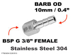 BSP G 3/8" FEMALE to BARB OD 10mm / 0.4" Stainless Tail Adaptor Hose Connector