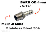 M8x1.0 Male to BARB OD 4mm / 0.16" Stainless Tail Adaptor Hose Connector