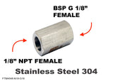 1/8" NPT FEMALE to BSP G 1/8" FEMALE Stainless Sensor Adaptor Fitting Conversion