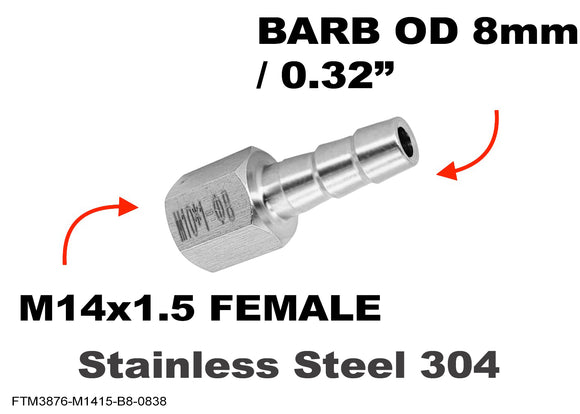 M14x1.5 FEMALE to BARB OD 8mm / 0.32