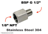 1/8" NPT Female to BSP G 1/2" Male Stainless Sensor Adaptor Fittings Conversion