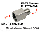 M8x1.0 FEMALE to BSPT Tapered R  1/4" MALE Stainless Sensor Adaptor Fittings