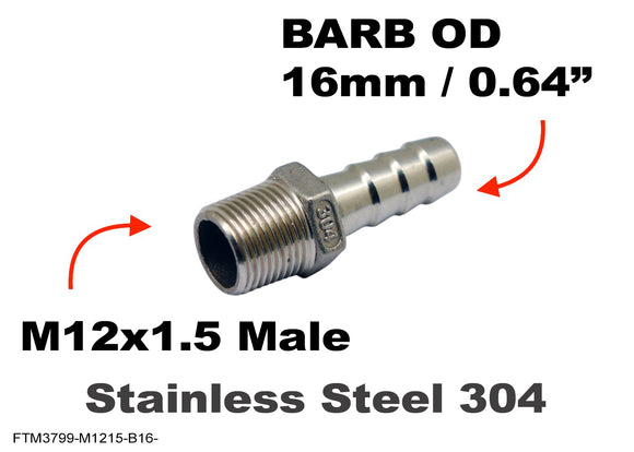 M12x1.5 Male to BARB OD 16mm / 0.64