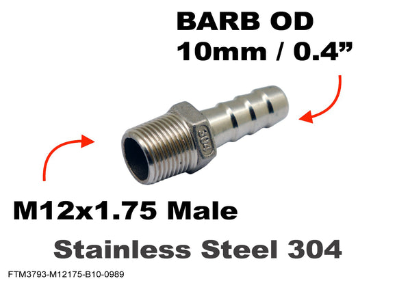 M12x1.75 Male to BARB OD 10mm / 0.4