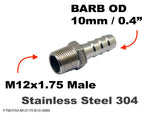 M12x1.75 Male to BARB OD 10mm / 0.4" Stainless Tail Adaptor Hose Connector
