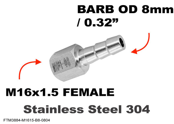 M16x1.5 FEMALE to BARB OD 8mm / 0.32