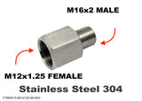 M12x1.25 FEMALE to M16x2 MALE Stainless Sensor Adaptor Fittings Conversion