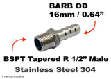 BSPT Tapered R 1/2" MALE to BARB OD 16mm / 0.64" Stainless Tail Adaptor Hose