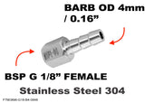 BSP G 1/8" FEMALE to BARB OD 4mm / 0.16" Stainless Tail Adaptor Hose Connector