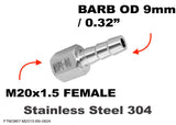 M20x1.5 FEMALE to BARB OD 9mm / 0.32" Stainless Tail Adaptor Hose Connector