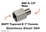 BSPT Tapered R 1" Female to BSP G 1/2" Male Stainless Sensor Adaptor Fittings