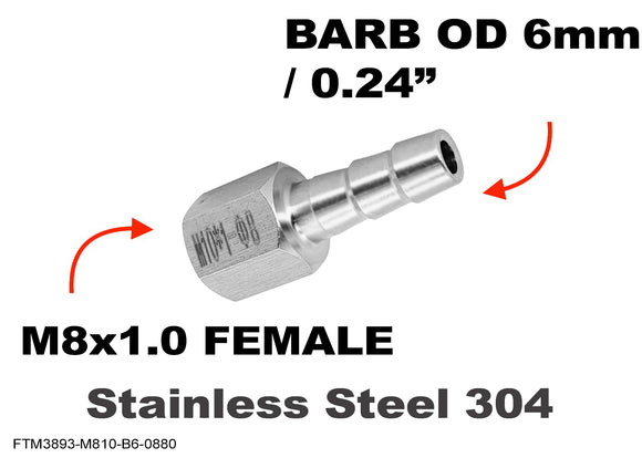M8x1.0 FEMALE to BARB OD 6mm / 0.24