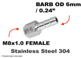 M8x1.0 FEMALE to BARB OD 6mm / 0.24" Stainless Tail Adaptor Hose Connector