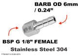 BSP G 1/8" FEMALE to BARB OD 6mm / 0.24" Stainless Tail Adaptor Hose Connector