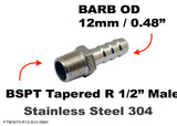 BSPT Tapered R 1/2" Male to BARB OD 12mm / 0.48" Stainless Tail Adaptor Hose