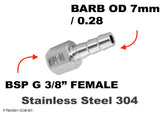 BSP G 3/8" FEMALE to BARB OD 7mm / 0.28 Stainless Tail Adaptor Hose Connector