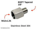 Autobahn88 M12x1.25 Female to BSPT (R) 1/8" Male 304 Stainless Steel Metric to BSP Thread Adapter - Main Fitting with Dimensions & Specifications