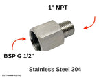Autobahn88 BSP G 1/2" Female to 1" NPT Male 304 Stainless Steel Thread Conversion Adapter - Main Fitting with Dimensions & Specifications