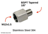Autobahn88 M12x1.5 Female to BSPT (R) 1/8" Male 304 Stainless Steel Metric to BSP Thread Adapter - Main Fitting with Dimensions & Specifications