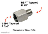 Autobahn88 BSPT (R) 3/4" Female to BSPT (R) 1/4" Male 304 Stainless Steel Sensor Adapter Fitting - Main Fitting with Dimensions & Specifications