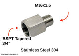 Autobahn88 BSPT (R) 3/4" Female to M16x1.5 Male 304 Stainless Steel Metric to BSP Thread Adapter - Main Fitting with Dimensions & Specifications