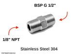 Autobahn88 1/8" NPT Male to BSP G 1/2" Male 304 Stainless Steel Male Hex Nipple Union Adapter - Main Fitting with Dimensions & Specifications