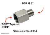 Autobahn88 BSPT (R) 3/4" Female to BSP G 1" Male 304 Stainless Steel Sensor Adapter Fitting - Main Fitting with Dimensions & Specifications