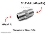 Autobahn88 M14x1.5 Male to 7/16"-20 UNF (-4AN) Male 304 Stainless Steel Metric to AN-4 Male Flare Adapter - Main Fitting with Dimensions & Specifications