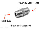 Autobahn88 M12x1.25 Male to 7/16"-20 UNF (-4AN) Male 304 Stainless Steel Metric to AN-4 Male Flare Adapter - Main Fitting with Dimensions & Specifications