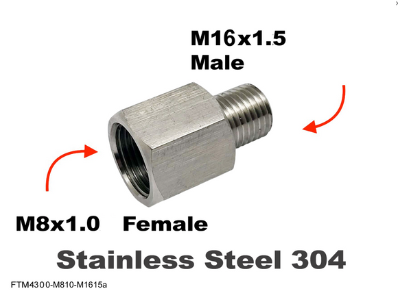 M8x1.0 Female to M16x1.5 Male Stainless Sensor Adaptor Fittings Conversion