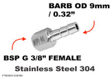 BSP G 3/8" FEMALE to BARB OD 9mm / 0.32" Stainless Tail Adaptor Hose Connector