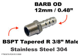 BSPT Tapered R 3/8" Male to BARB OD 12mm / 0.48" Stainless Tail Adaptor Hose