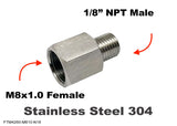 M8x1.0 Female to 1/8" NPT Male Stainless Sensor Adaptor Fittings Conversion