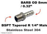 BSPT Tapered R 1/4" Male to BARB OD 8mm / 0.32" Stainless Tail Adaptor Hose