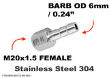 M20x1.5 FEMALE to BARB OD 6mm / 0.24" Stainless Tail Adaptor Hose Connector