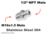 M16x1.5 Male to 1/2" NPT Male Stainless Sensor Adaptor Fittings Conversion