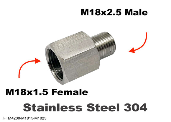 M18x1.5 Female to M18x2.5 Male Stainless Sensor Adaptor Fittings Conversion