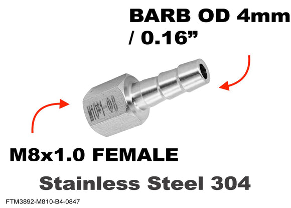 M8x1.0 FEMALE to BARB OD 4mm / 0.16