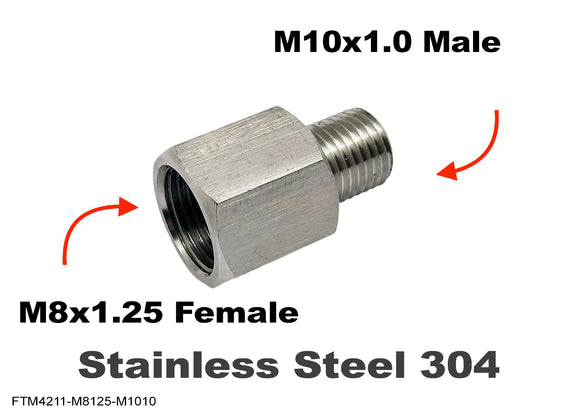 M8x1.25 Female to M10x1.0 Male Stainless Sensor Adaptor Fittings Conversion