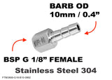 BSP G 1/8" FEMALE to BARB OD 10mm / 0.4" Stainless Tail Adaptor Hose Connector