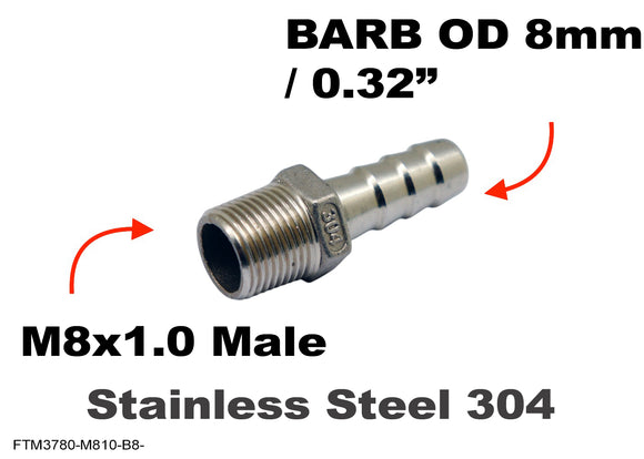 M8x1.0 Male to BARB OD 8mm / 0.32