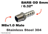 M8x1.0 Male to BARB OD 8mm / 0.32" Stainless Tail Adaptor Hose Connector
