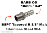 BSPT Tapered R 3/8" Male to BARB OD 10mm / 0.4" Stainless Tail Adaptor Hose