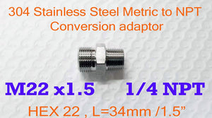Stainless M22 / M18 P1.5 Male to NPT Male Straight Reducer Fittings, Multiple Size (NPT)