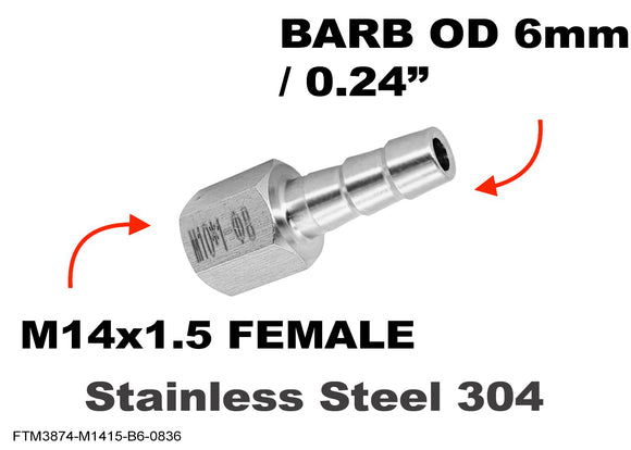 M14x1.5 FEMALE to BARB OD 6mm / 0.24